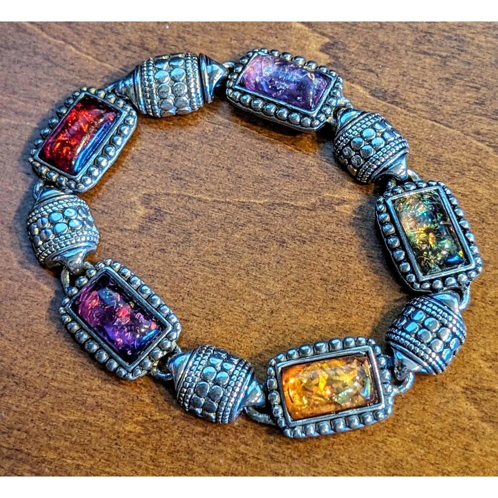 Antiqued Silver Tone Faux Multi-Color Opal Station Bracelet W/ Magnetic Clasp